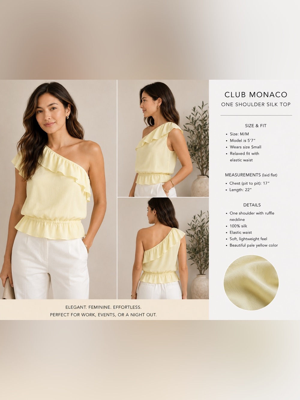 Club Monaco 100% Silk One Shoulder Ruffle Blouse Pale Yellow Size Medium